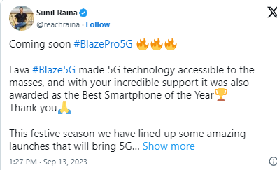 Lava Blaze Pro 5G手机确认即将推出